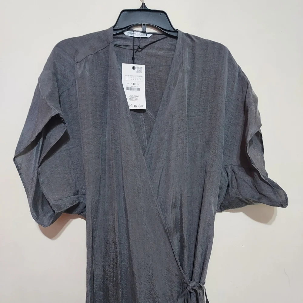 Zara Zw Collection Wrap Business Casual Midi Gray Lighweight Dress_8